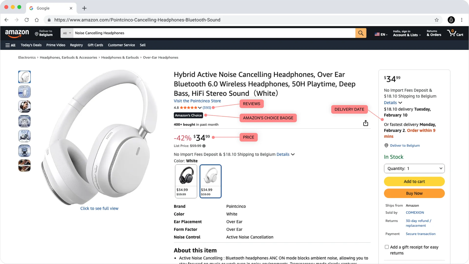 Amazon product page displaying multiple proof points including customer reviews, Prime delivery date, Amazon's Choice badge, and pricing to enable instant purchase decision