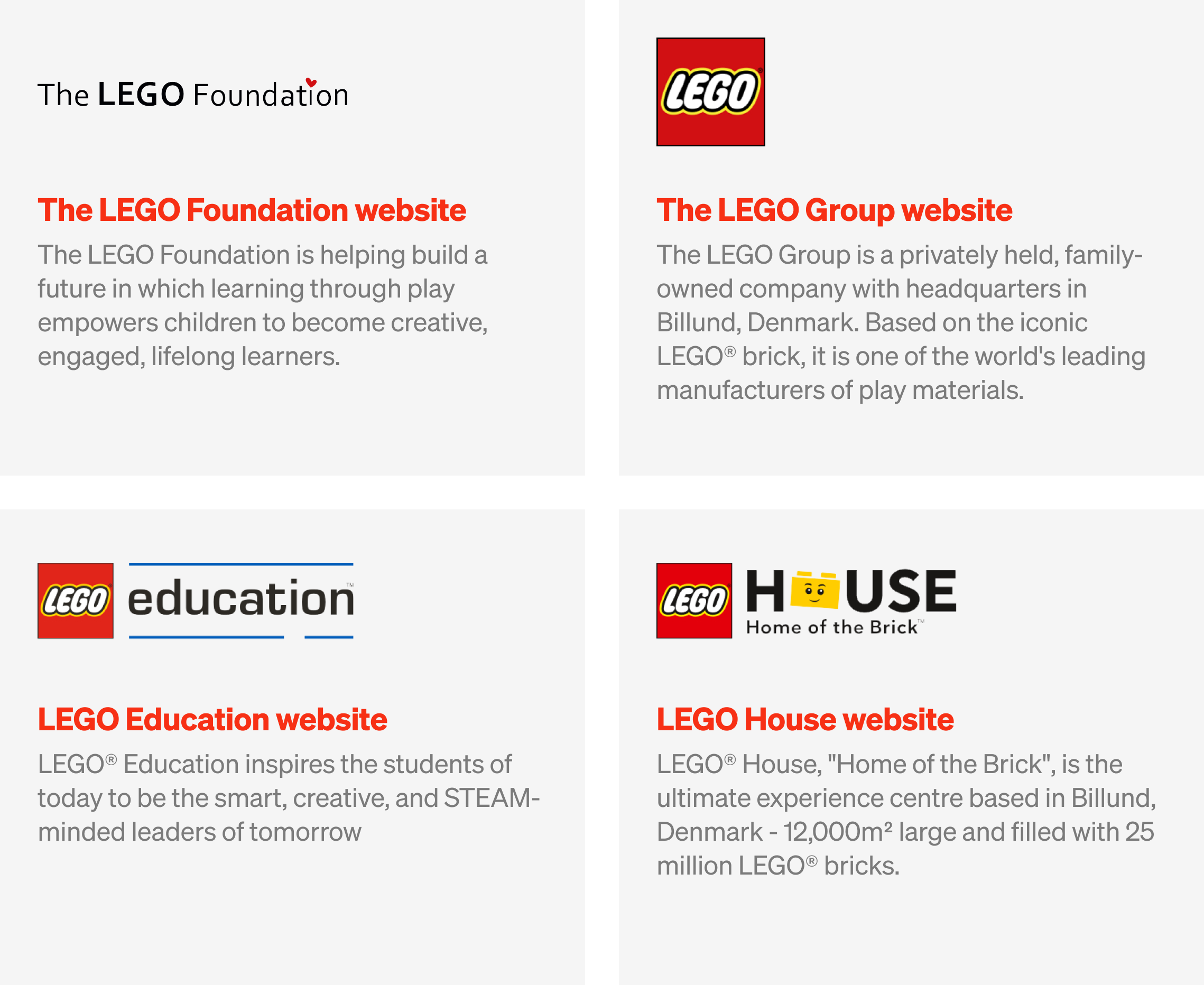 four different lego ecosystems - lego foundation, lego group, lego education and lego house