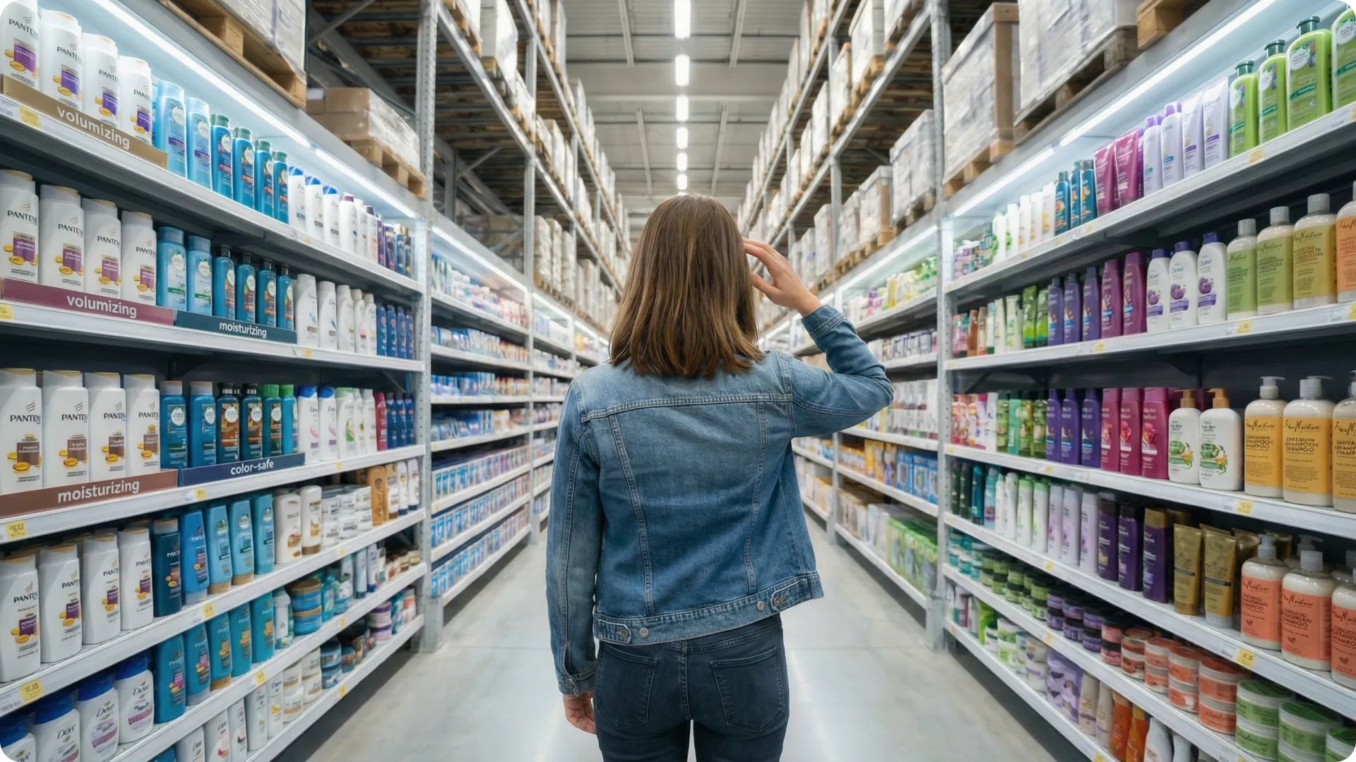 Woman standing overwhelmed in retail aisle facing endless rows of similar products, hand raised to head showing decision fatigue and choice paralysis