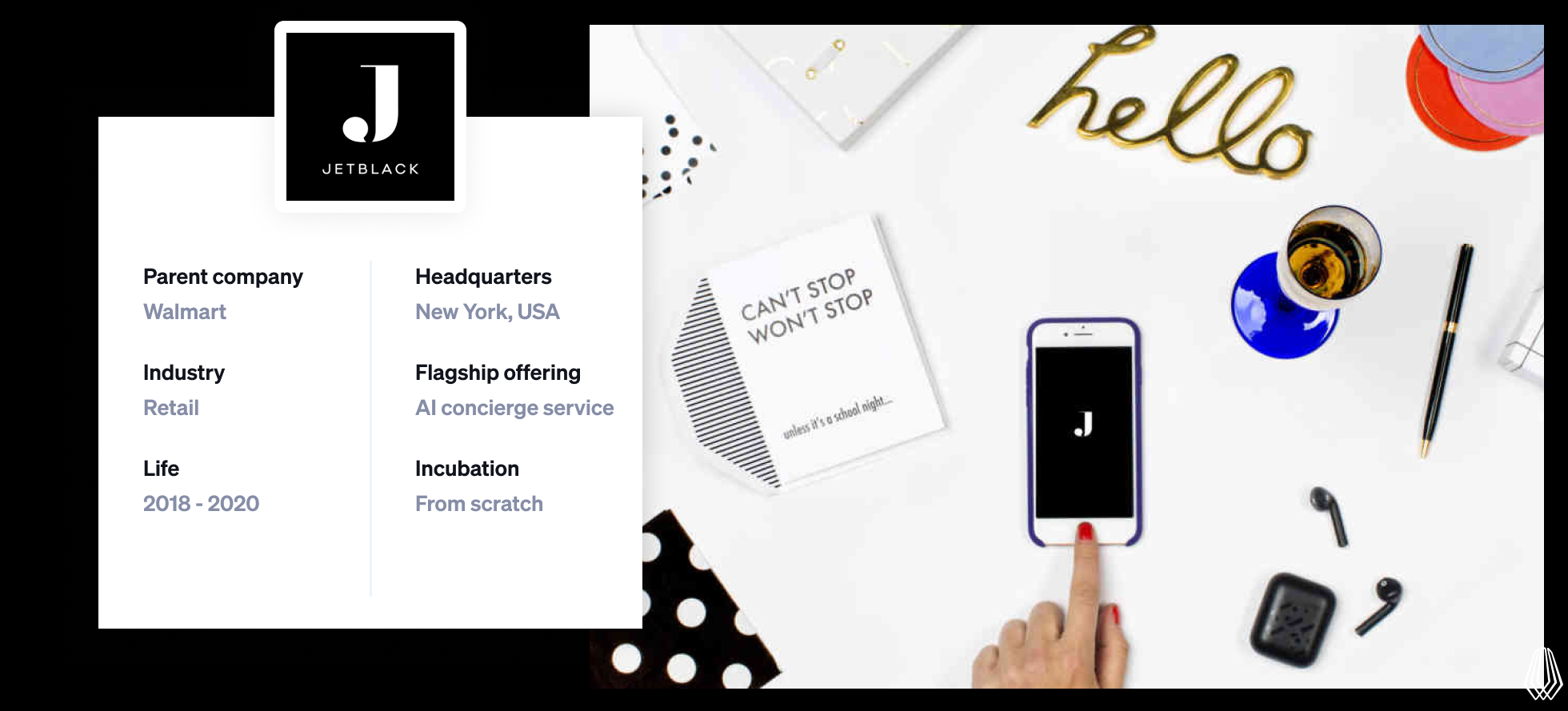 Jet Black venture summary showing Walmart as parent company, based in New York, AI concierge retail service, active 2018–2020, built in-house. Image includes branded app on smartphone and lifestyle accessories.