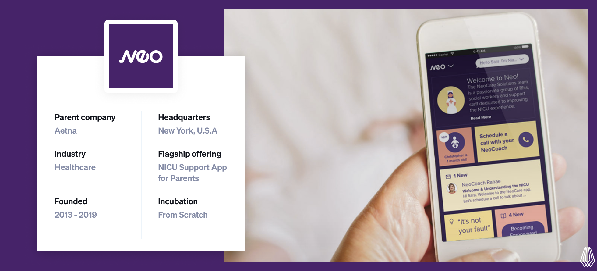 NeoCare venture summary showing Aetna as parent company, based in New York, NICU support app for parents, active 2013–2019, built in-house. Image shows smartphone screen with NeoCare app interface offering nurse support and scheduling features.