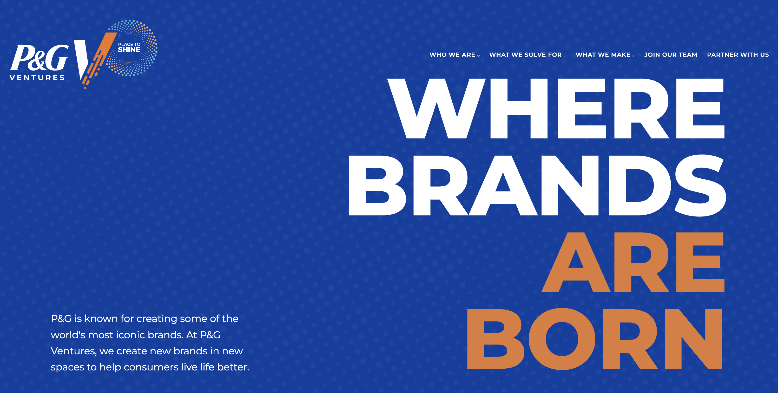 P&G Ventures banner with slogan 'Where Brands Are Born', representing P&G’s corporate venture studio focused on consumer innovation.