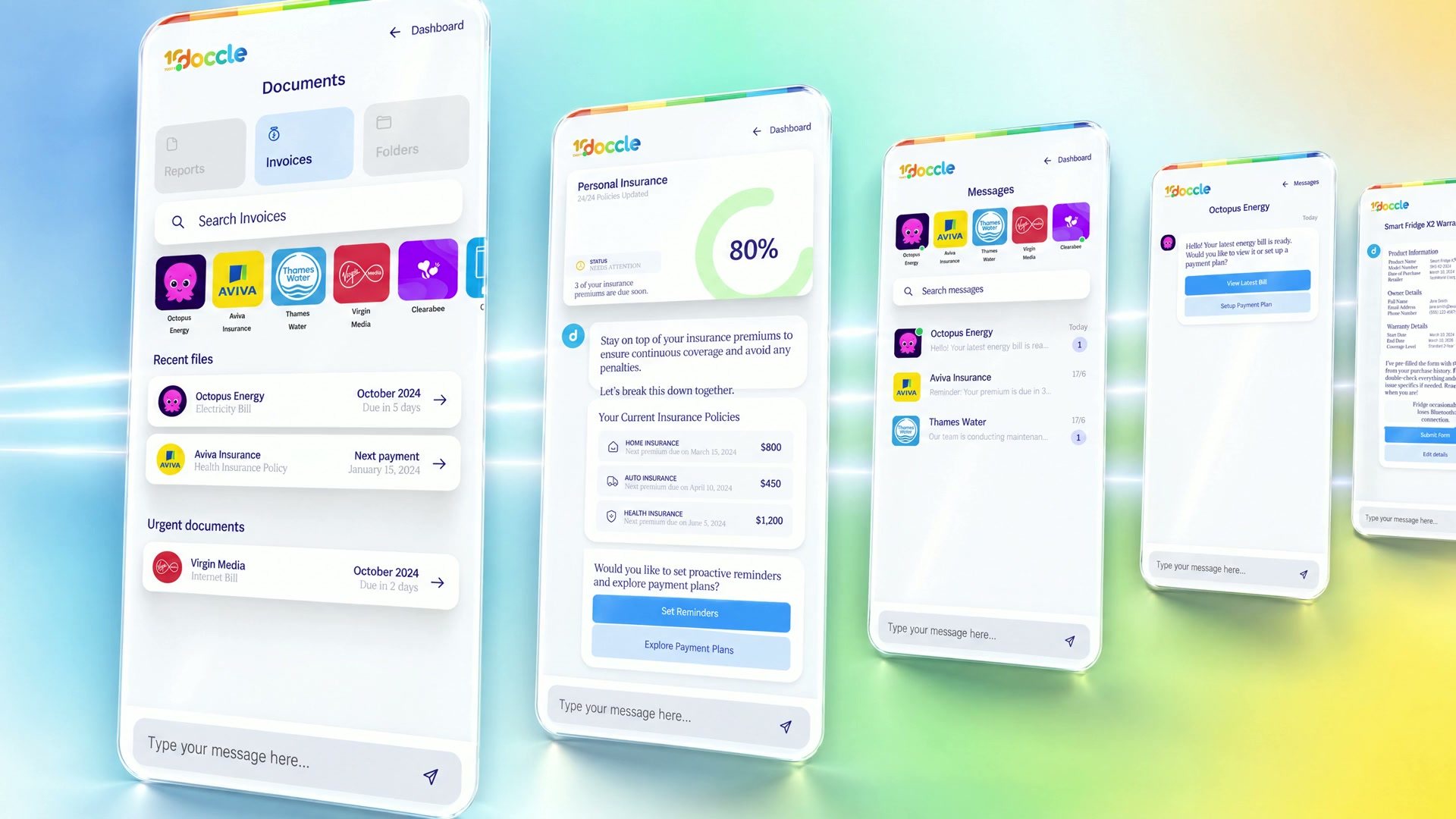 Doccle app screens on a colourful background