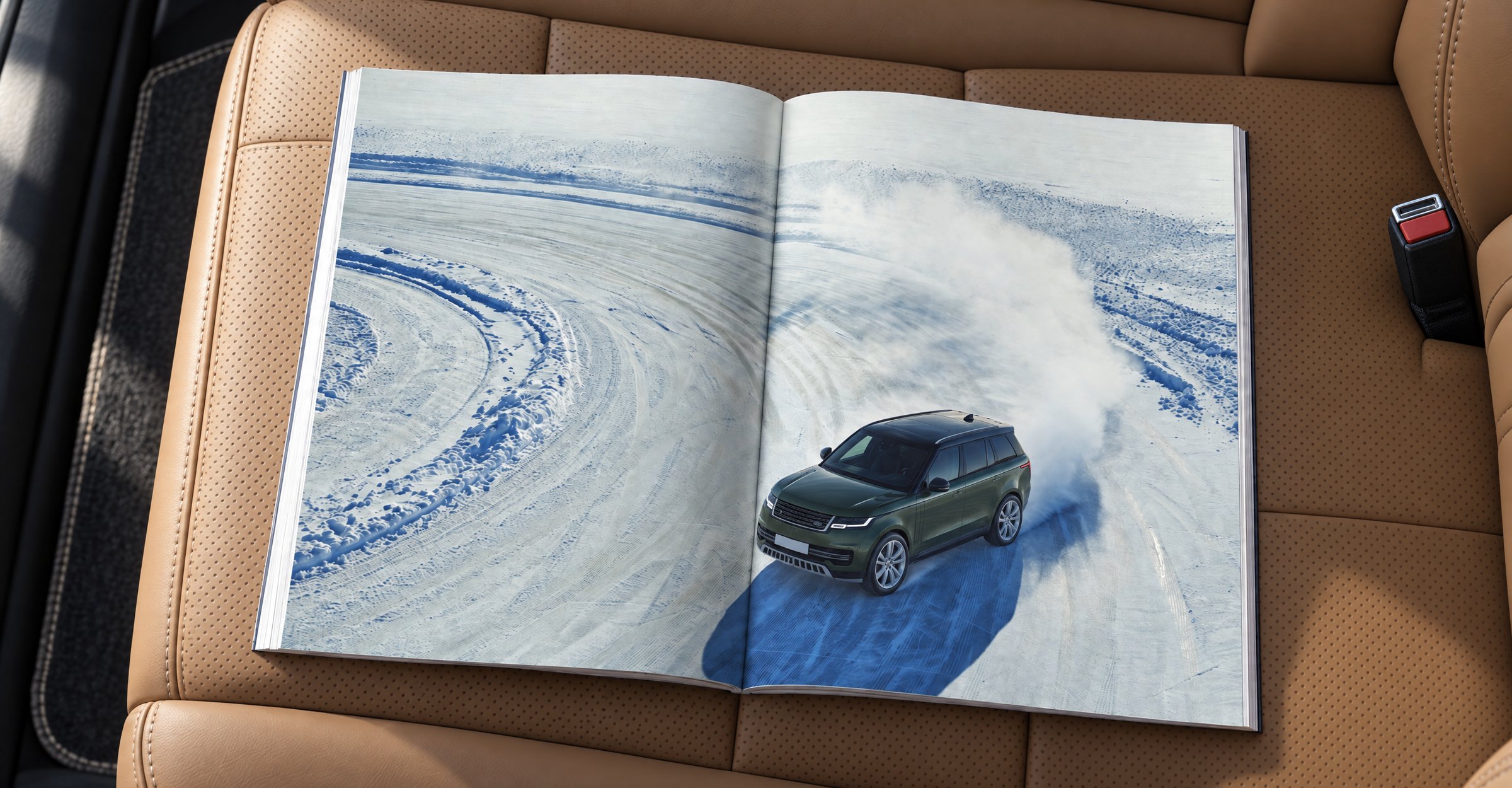 A JLR magazine spread on a leather car seat